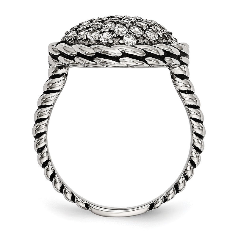 Stainless Steel Polished And Antiqued Cz Square Ring