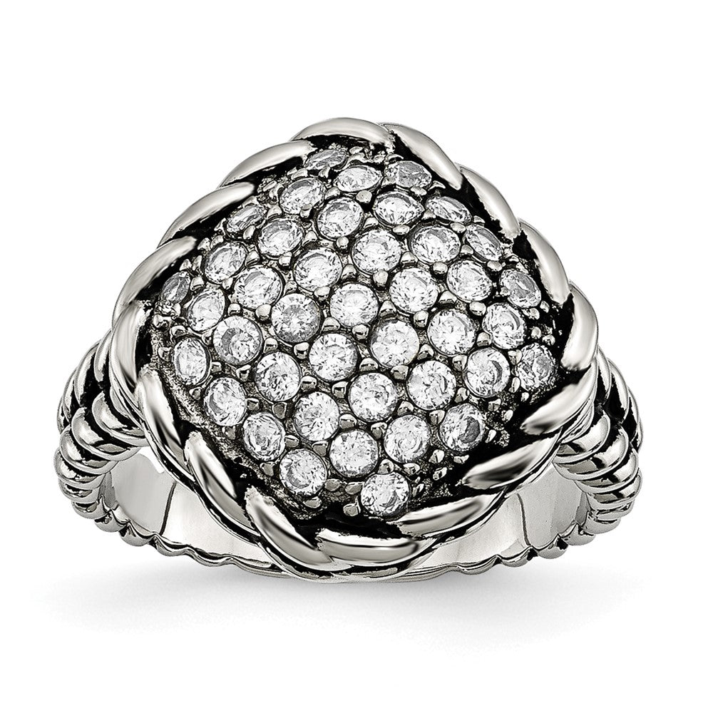Stainless Steel Polished And Antiqued Cz Square Ring