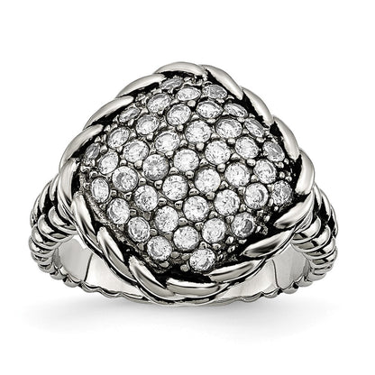 Stainless Steel Polished And Antiqued Cz Square Ring