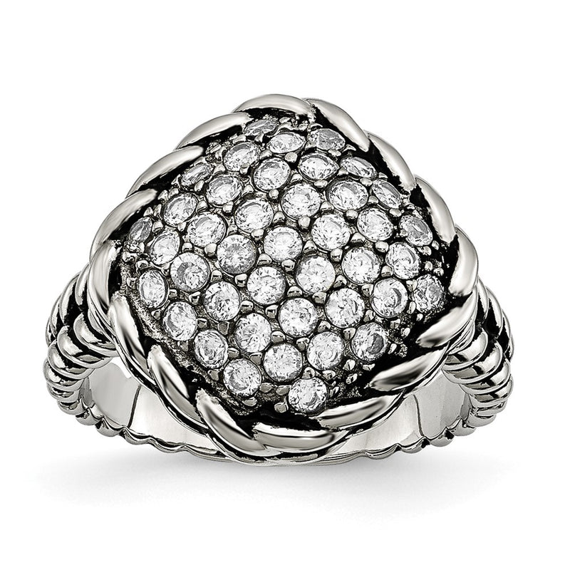Stainless Steel Polished And Antiqued Cz Square Ring