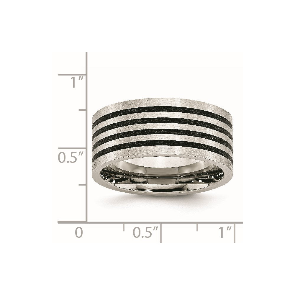 Stainless Steel Brushed Black Rubber Stripes 10mm Flat Band