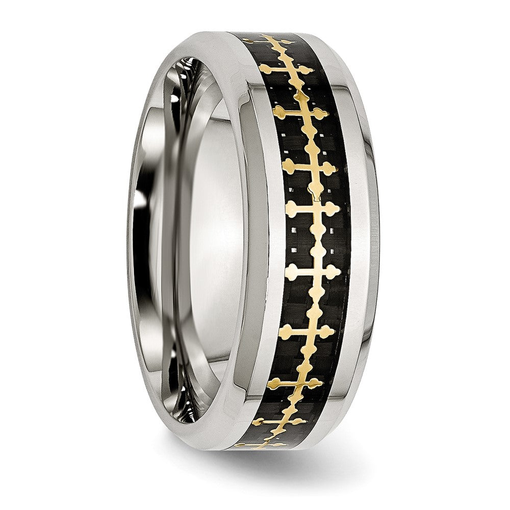 Stainless Steel Polished Yellow Ip Carbon Fiber Inlay Cross 8mm Band