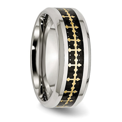 Stainless Steel Polished Yellow Ip Carbon Fiber Inlay Cross 8mm Band