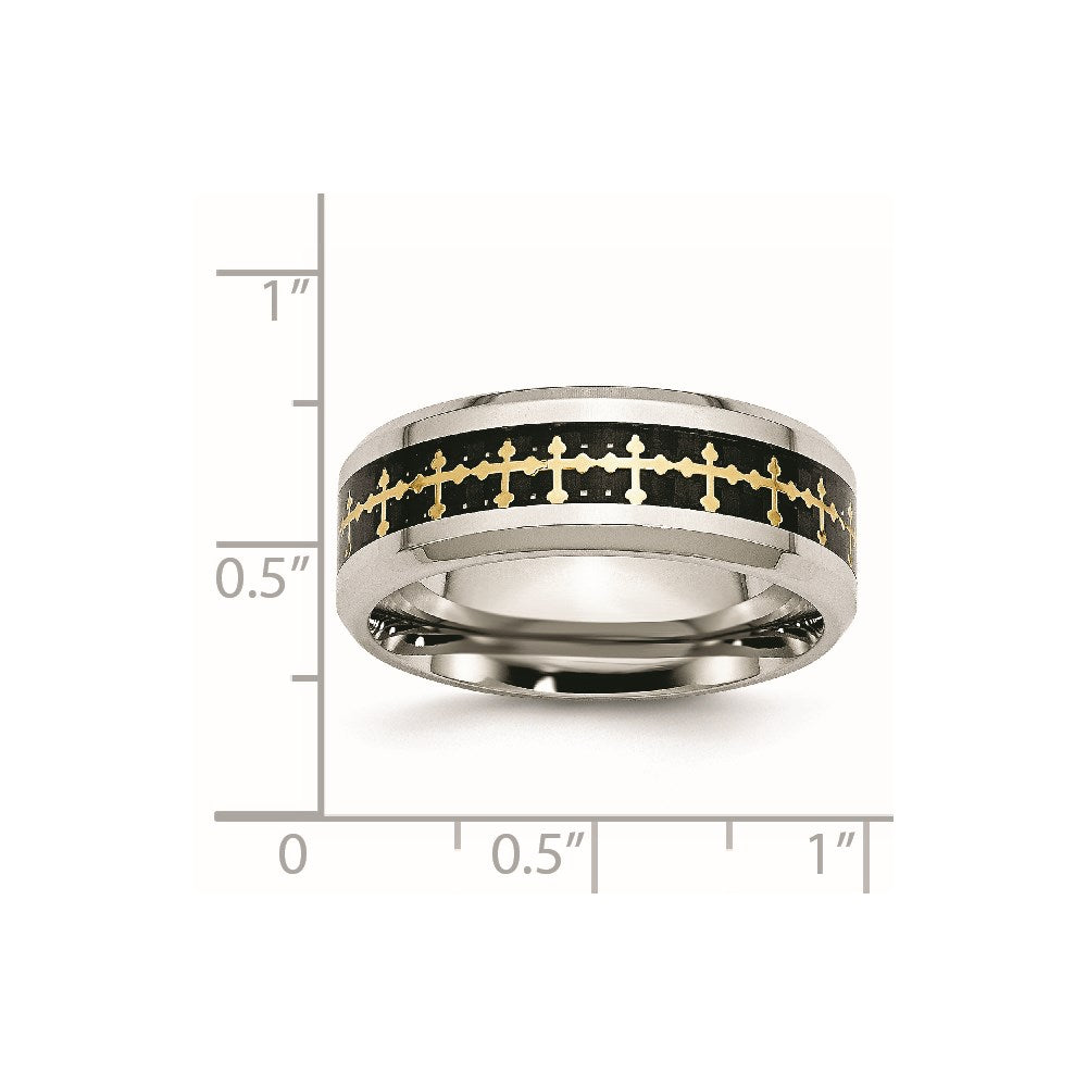 Stainless Steel Polished Yellow Ip Carbon Fiber Inlay Cross 8mm Band
