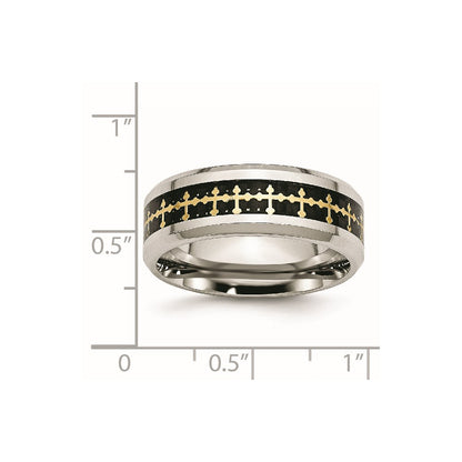 Stainless Steel Polished Yellow Ip Carbon Fiber Inlay Cross 8mm Band