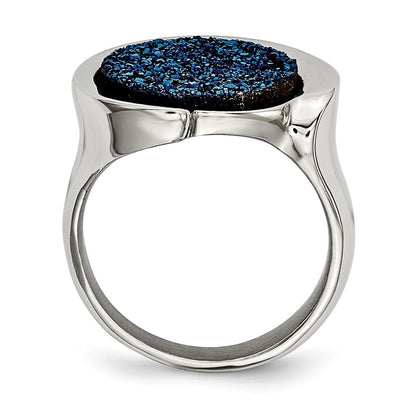 Stainless Steel Polished With Blue Druzy Stone Ring (Size 6 Only)