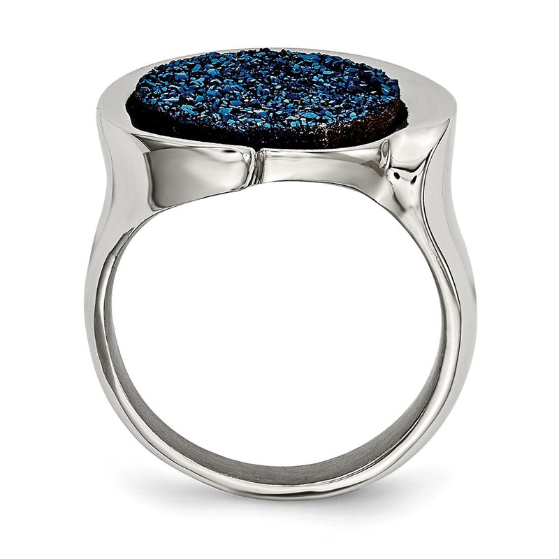 Stainless Steel Polished With Blue Druzy Stone Ring (Size 6 Only)