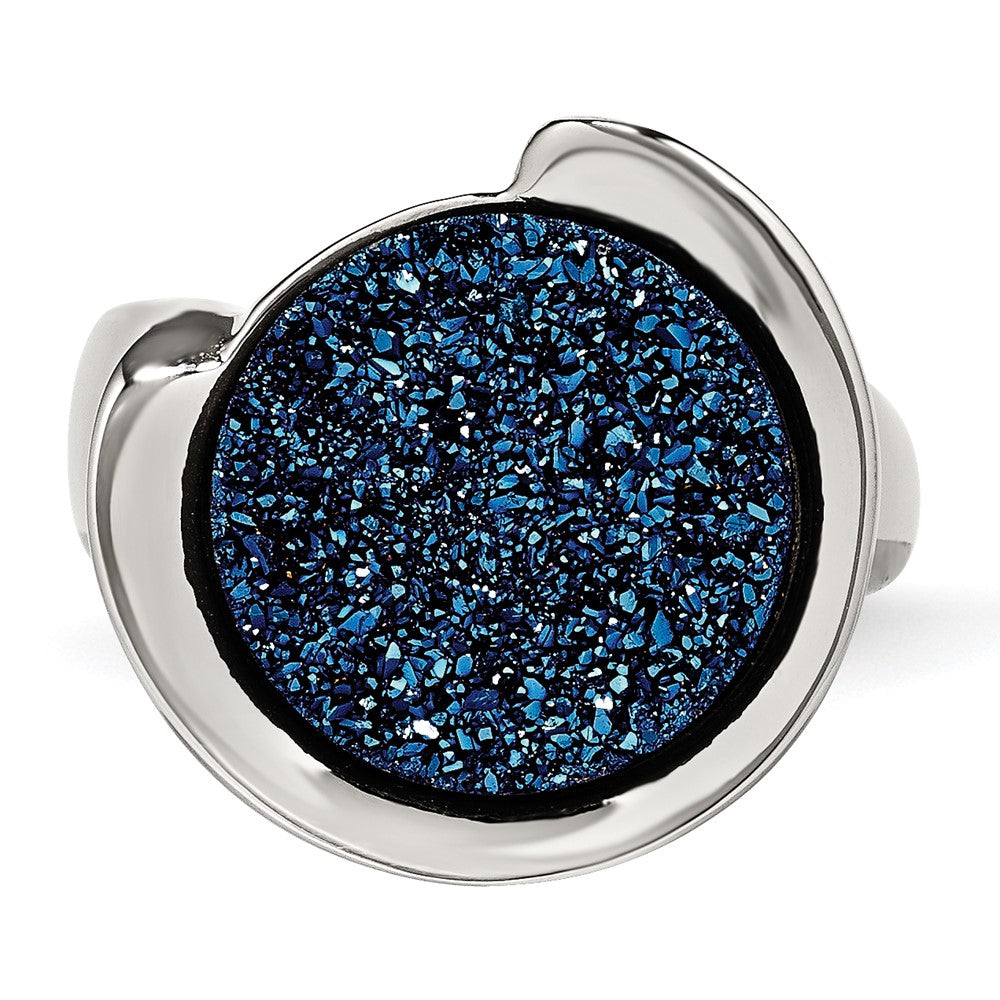 Stainless Steel Polished With Blue Druzy Stone Ring (Size 6 Only)
