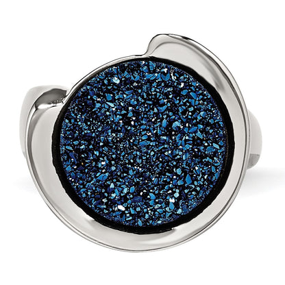 Stainless Steel Polished With Blue Druzy Stone Ring (Size 6 Only)