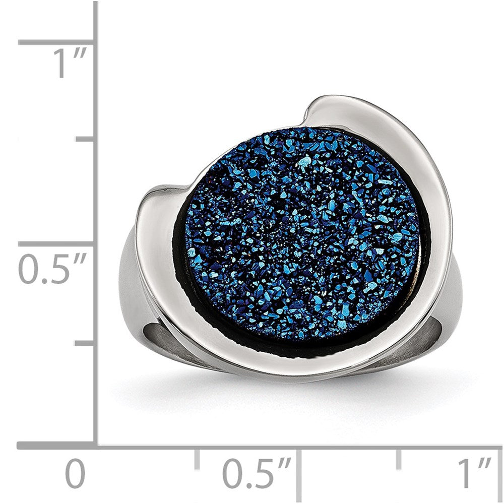Stainless Steel Polished With Blue Druzy Stone Ring (Size 6 Only)