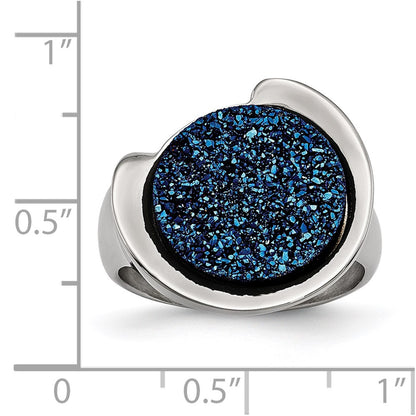 Stainless Steel Polished With Blue Druzy Stone Ring (Size 6 Only)