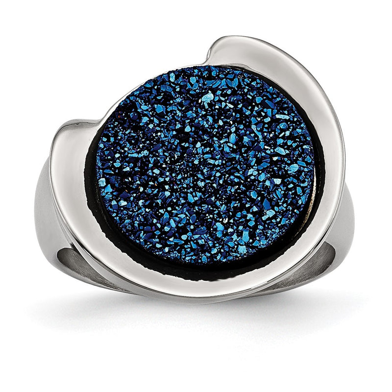 Stainless Steel Polished With Blue Druzy Stone Ring (Size 6 Only)