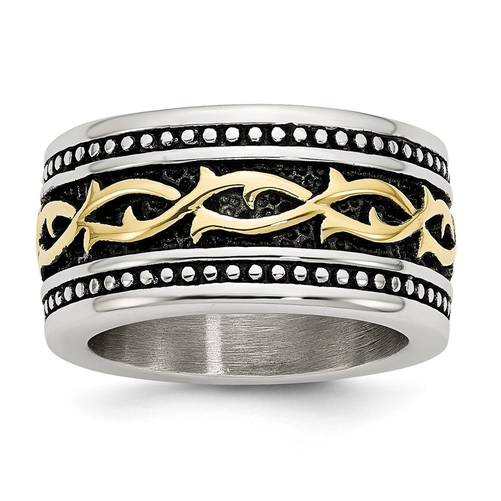 Stainless Steel Antiqued And Polished Yellow Ip Plated 13.25mm Band