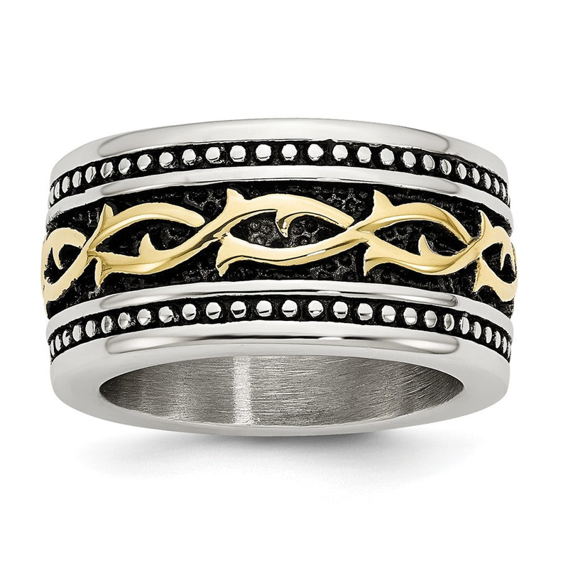 Stainless Steel Antiqued And Polished Yellow Ip Plated 13.25mm Band
