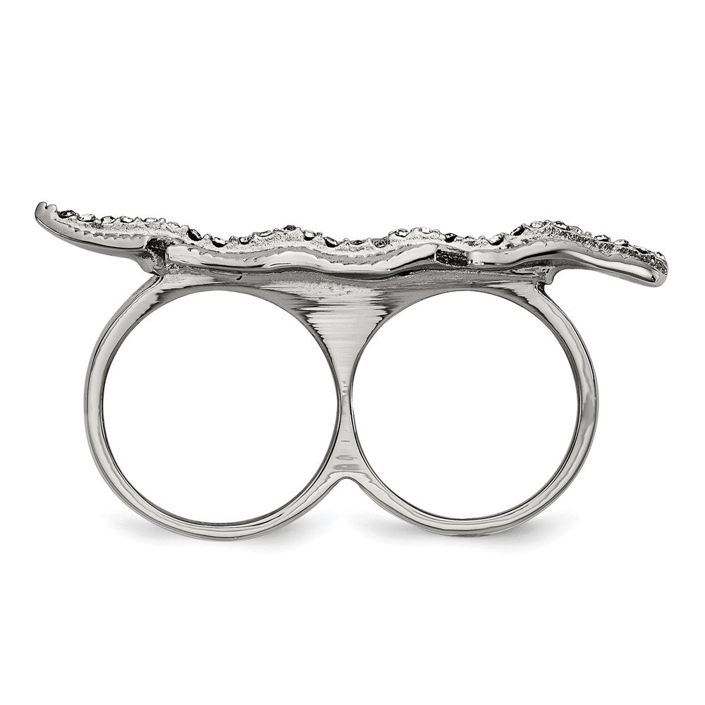 Stainless Steel Polished&Antiqued Leaf Two Finger Crystal Ring