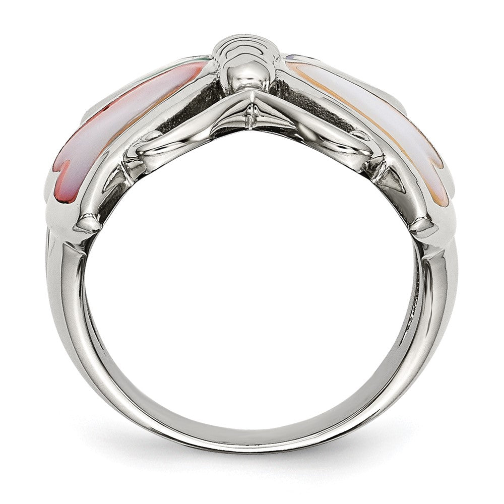 Stainless Steel Polished And Enameled Shell Butterfly Ring (Size 9 Only)