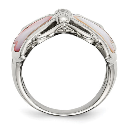 Stainless Steel Polished And Enameled Shell Butterfly Ring (Size 9 Only)