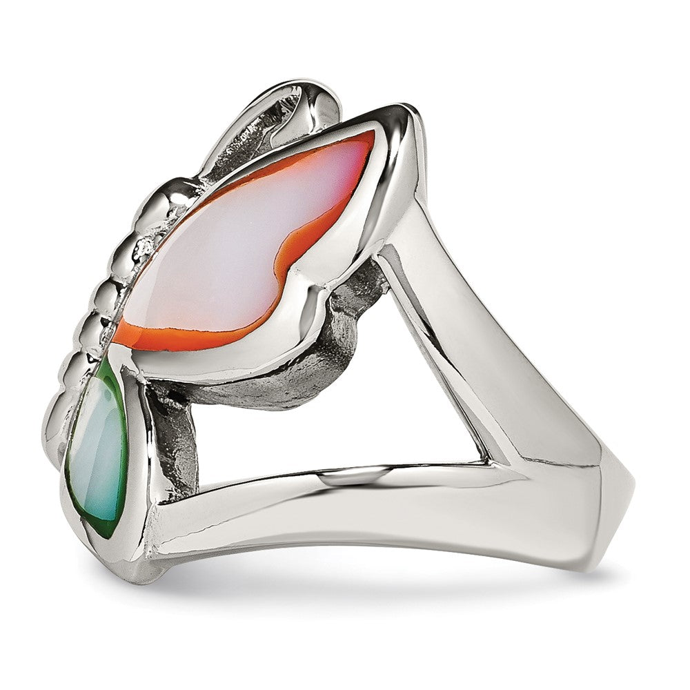 Stainless Steel Polished And Enameled Shell Butterfly Ring (Size 9 Only)