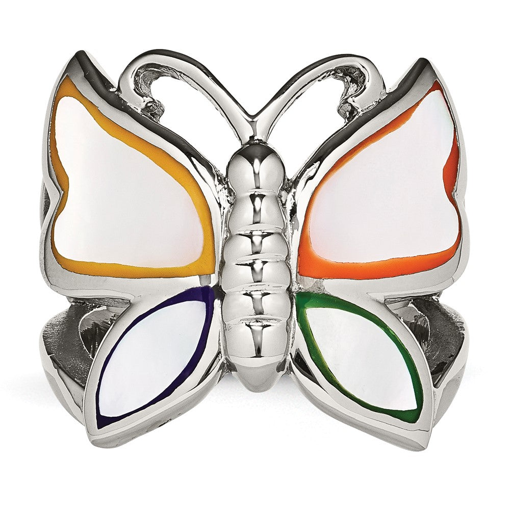 Stainless Steel Polished And Enameled Shell Butterfly Ring (Size 9 Only)