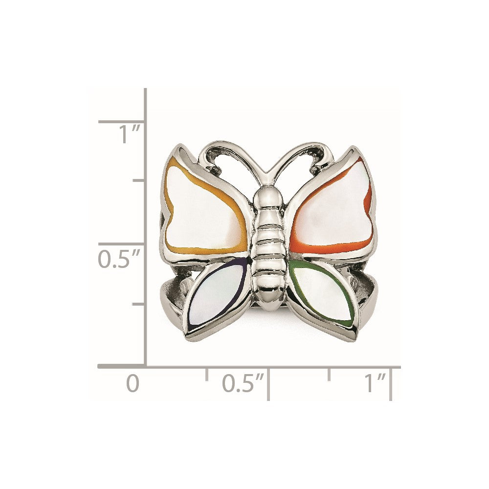 Stainless Steel Polished And Enameled Shell Butterfly Ring (Size 9 Only)