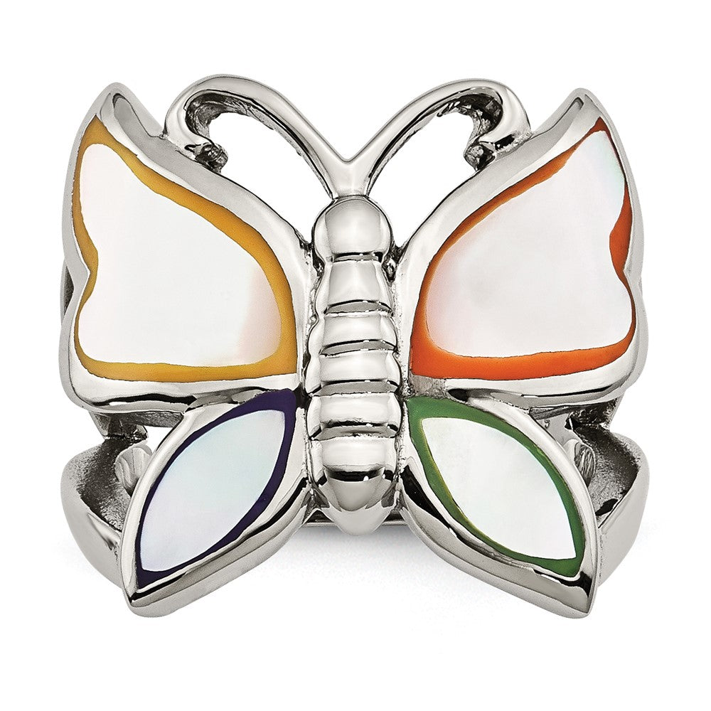 Stainless Steel Polished And Enameled Shell Butterfly Ring (Size 9 Only)