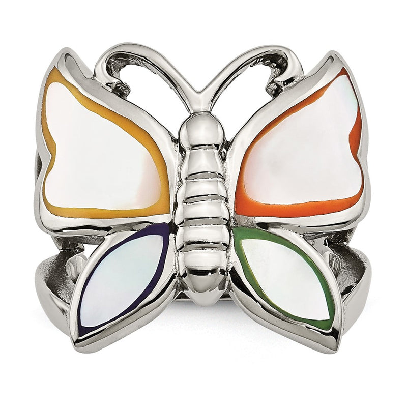 Stainless Steel Polished And Enameled Shell Butterfly Ring (Size 9 Only)