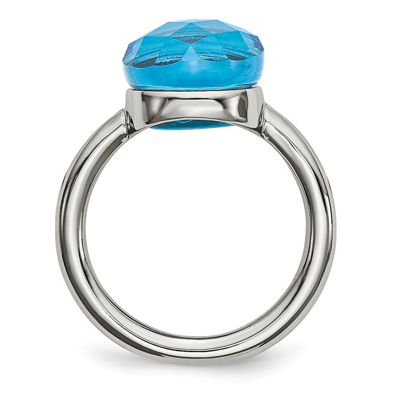 Stainless Steel Polished Blue Glass Ring (Size 9 Only)