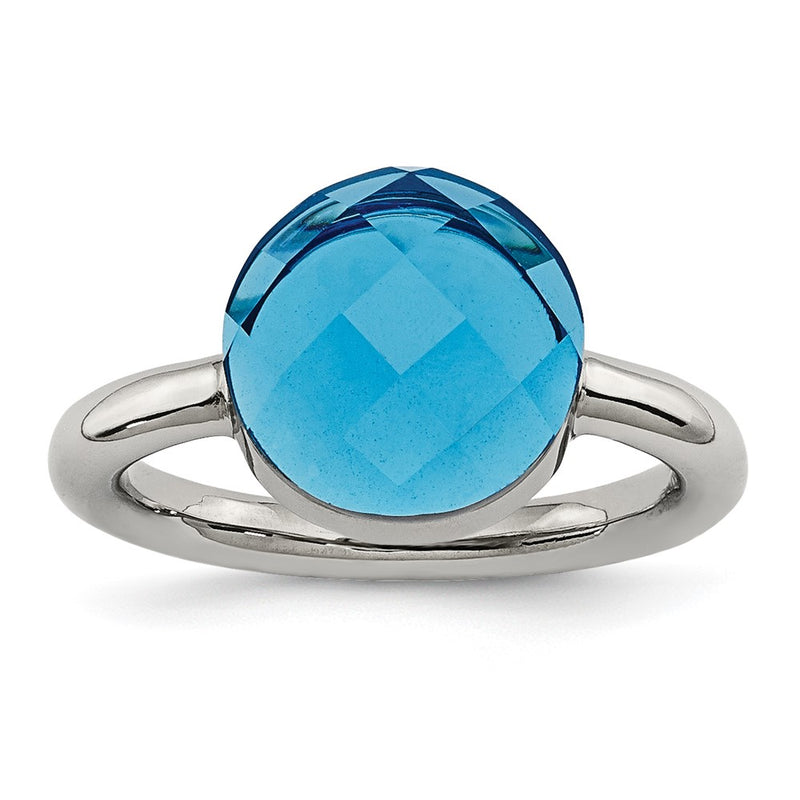 Stainless Steel Polished Blue Glass Ring (Size 9 Only)
