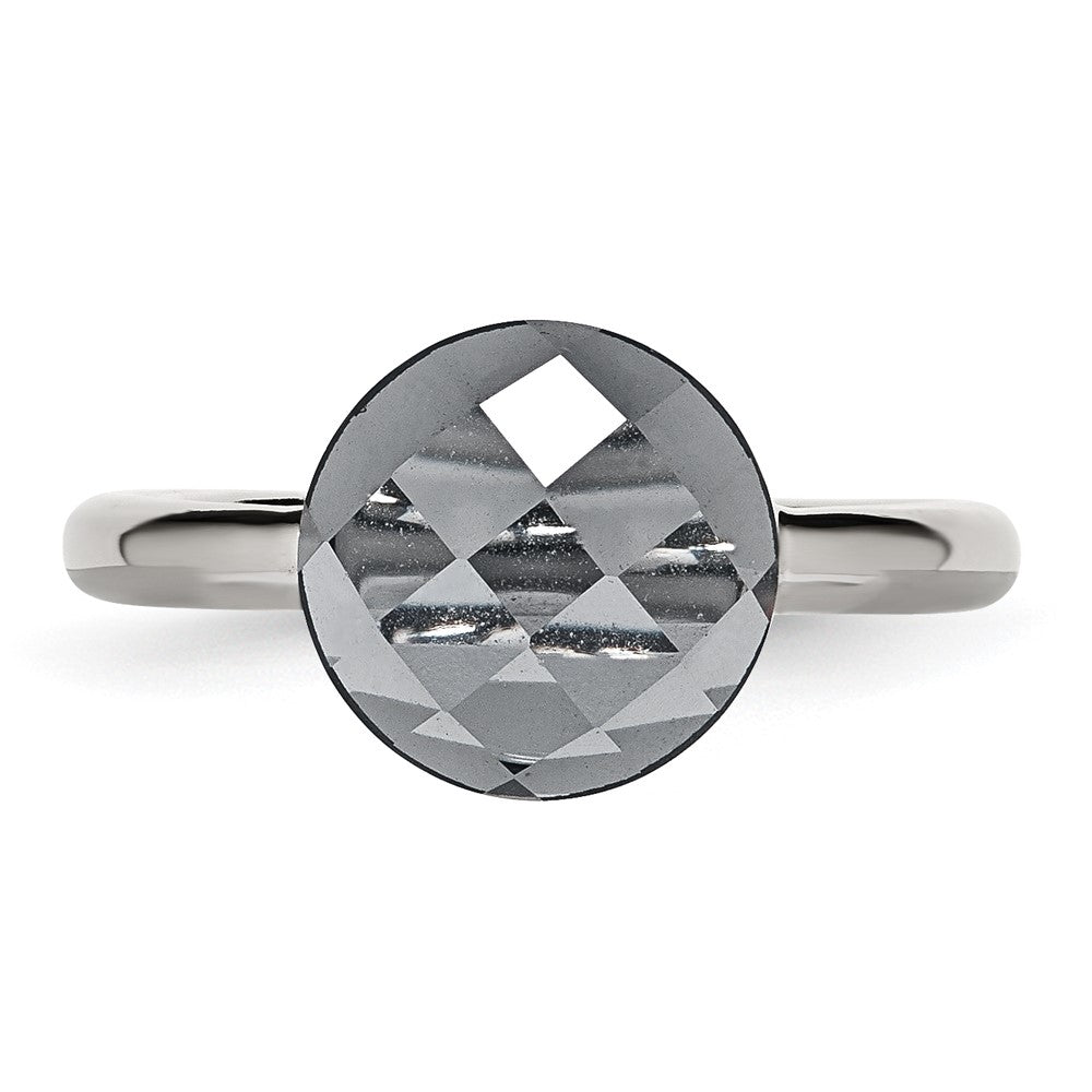 Stainless Steel Polished Grey Glass Ring (Size 5 Only)