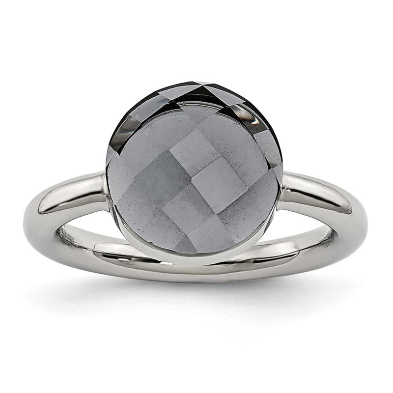 Stainless Steel Polished Grey Glass Ring (Size 5 Only)