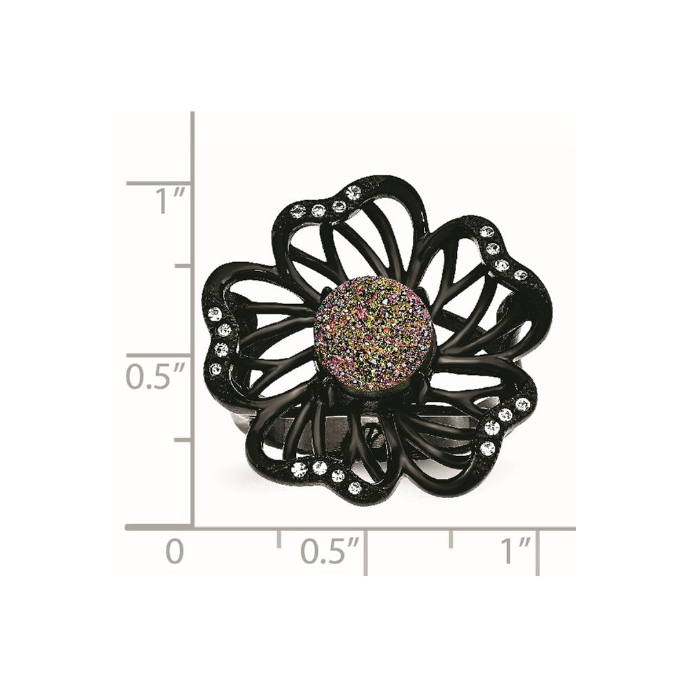 Stainless Steel Polished Black Ip Plated Druzy And Crystal Ring