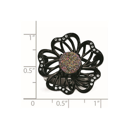 Stainless Steel Polished Black Ip Plated Druzy And Crystal Ring