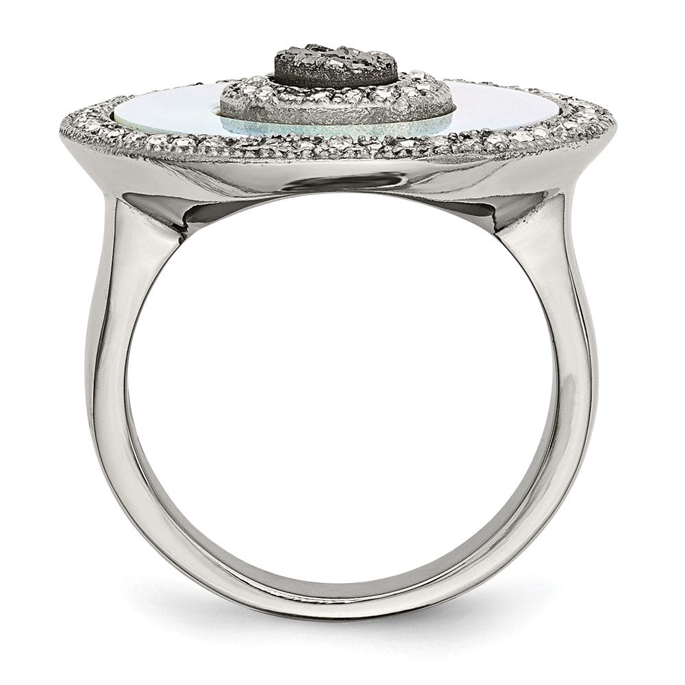 Stainless Steel Polished Mother Of Pearl/Druzy Quartz And Crystal Ring