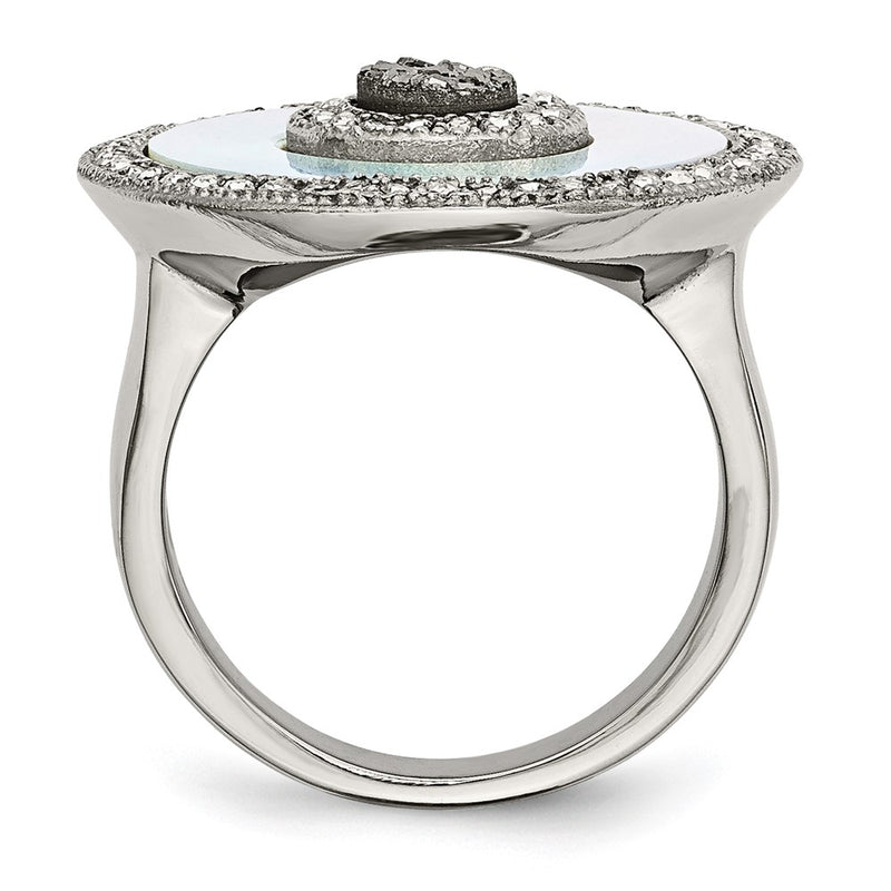Stainless Steel Polished Mother Of Pearl/Druzy Quartz And Crystal Ring