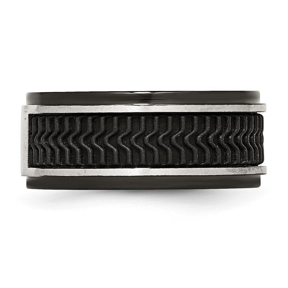 Stainless Steel Polished Black Ip Plated Rubber Inlay 10mm Band