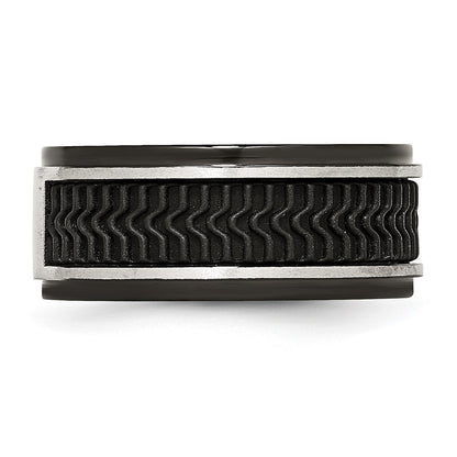 Stainless Steel Polished Black Ip Plated Rubber Inlay 10mm Band