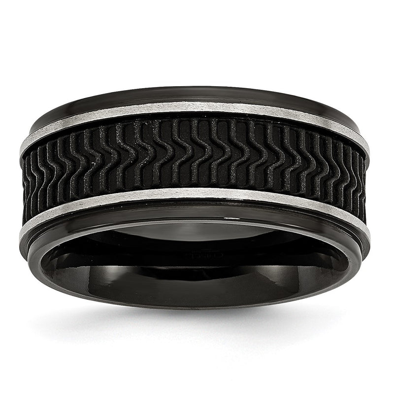 Stainless Steel Polished Black Ip Plated Rubber Inlay 10mm Band
