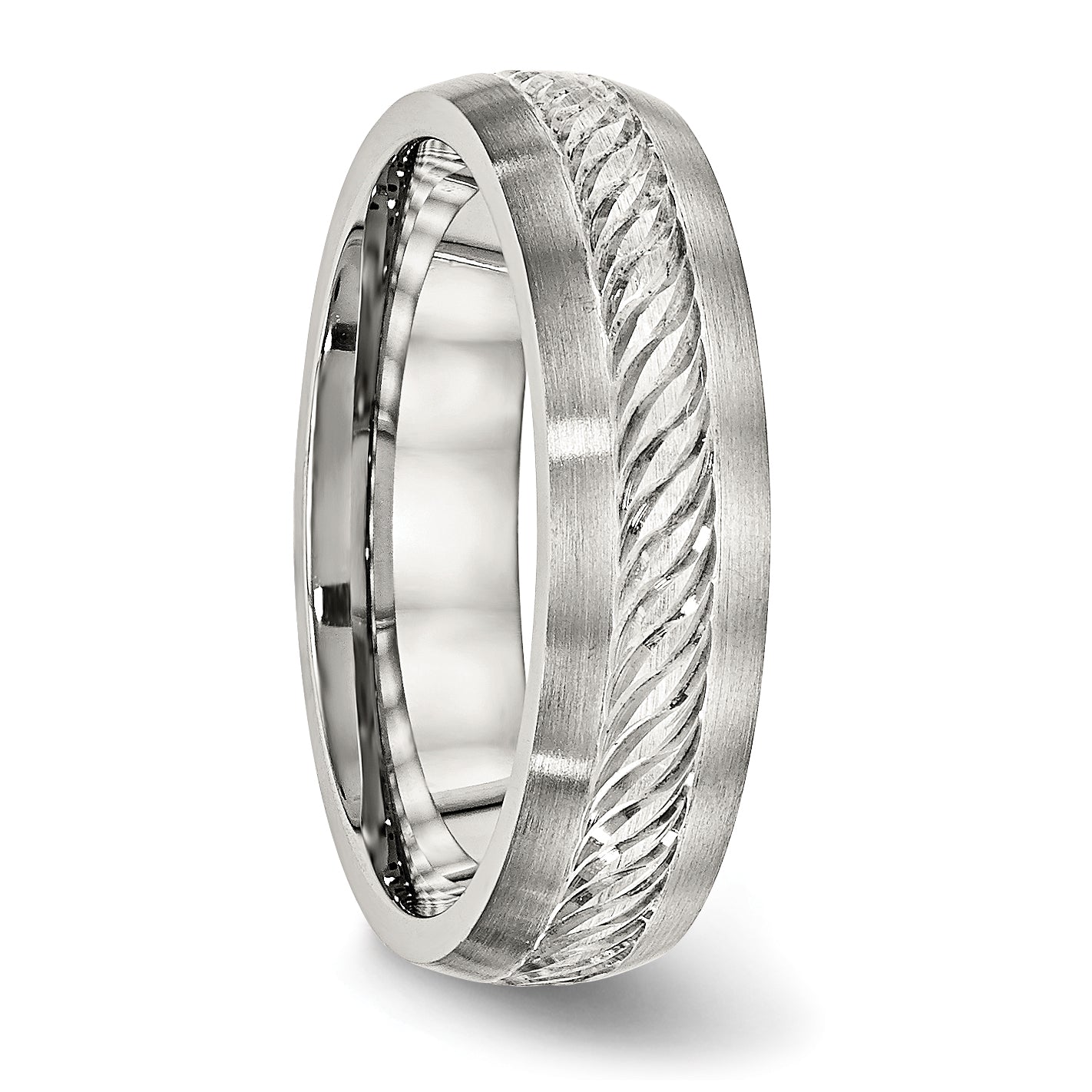 Stainless Steel Sterling Silver Inlay Brushed Diamond Cut 6mm Band