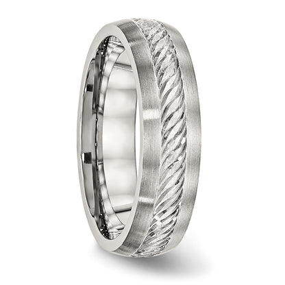 Stainless Steel Sterling Silver Inlay Brushed Diamond Cut 6mm Band