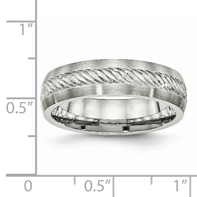 Stainless Steel Sterling Silver Inlay Brushed Diamond Cut 6mm Band