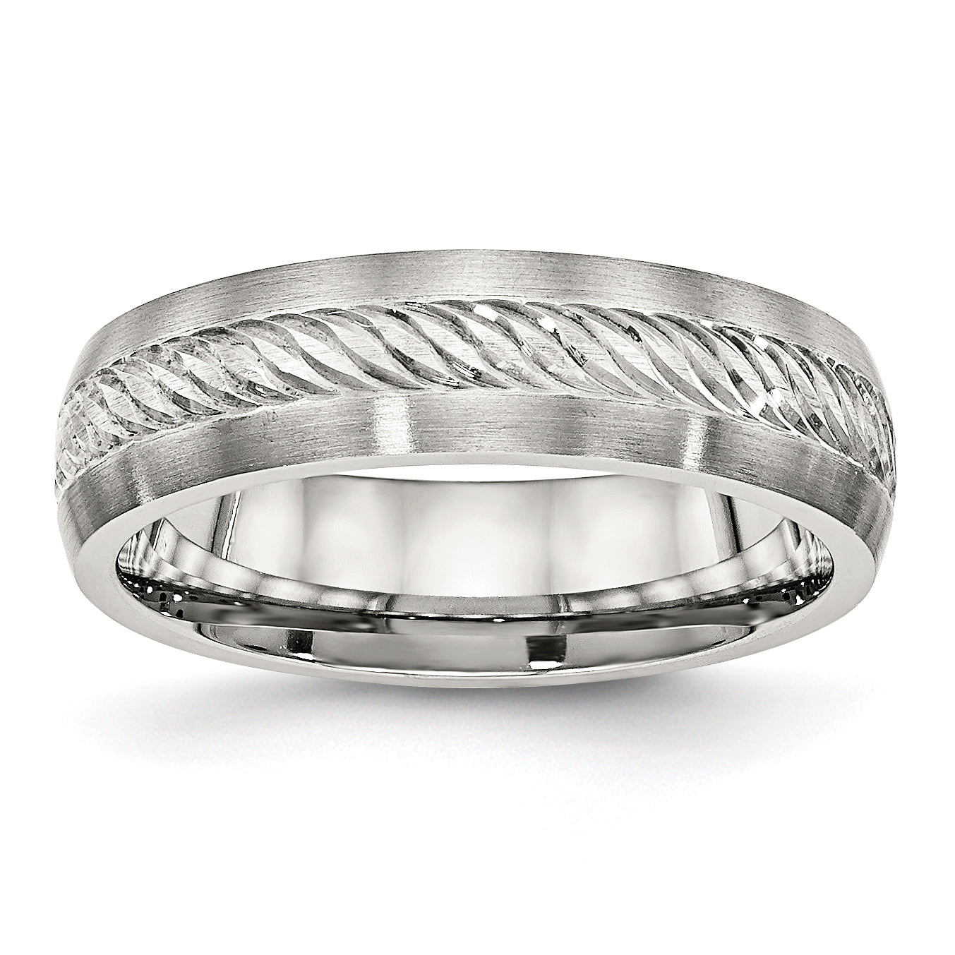 Stainless Steel Sterling Silver Inlay Brushed Diamond Cut 6mm Band