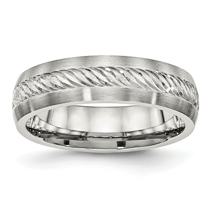 Stainless Steel Sterling Silver Inlay Brushed Diamond Cut 6mm Band