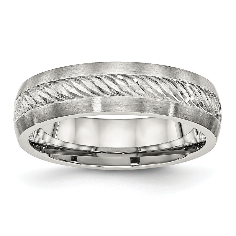 Stainless Steel Sterling Silver Inlay Brushed Diamond Cut 6mm Band