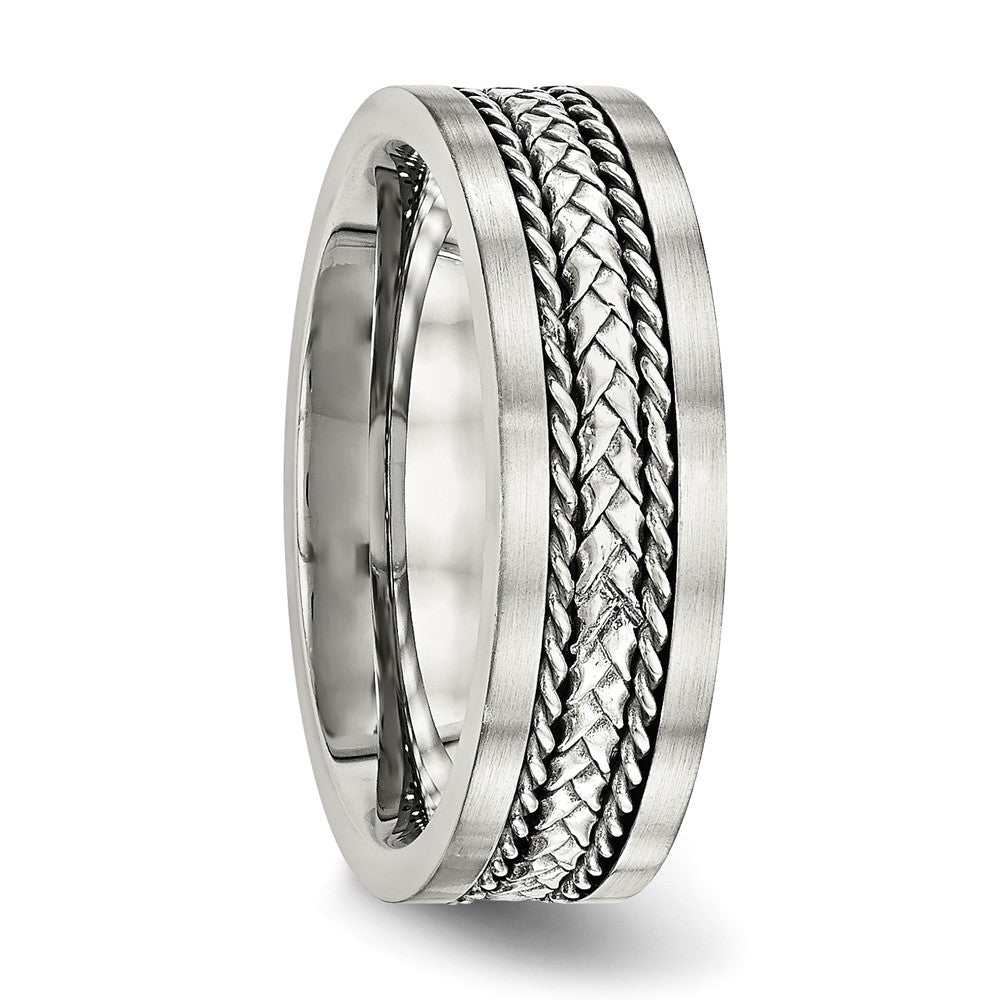 Stainless Steel Sterling Silver Inlay Polished/Brushed Edge 7mm Band