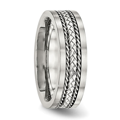 Stainless Steel Sterling Silver Inlay Polished/Brushed Edge 7mm Band