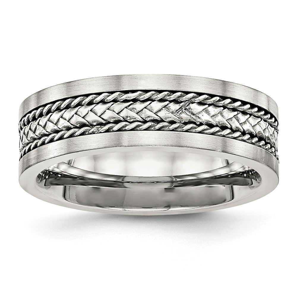 Stainless Steel Sterling Silver Inlay Polished/Brushed Edge 7mm Band