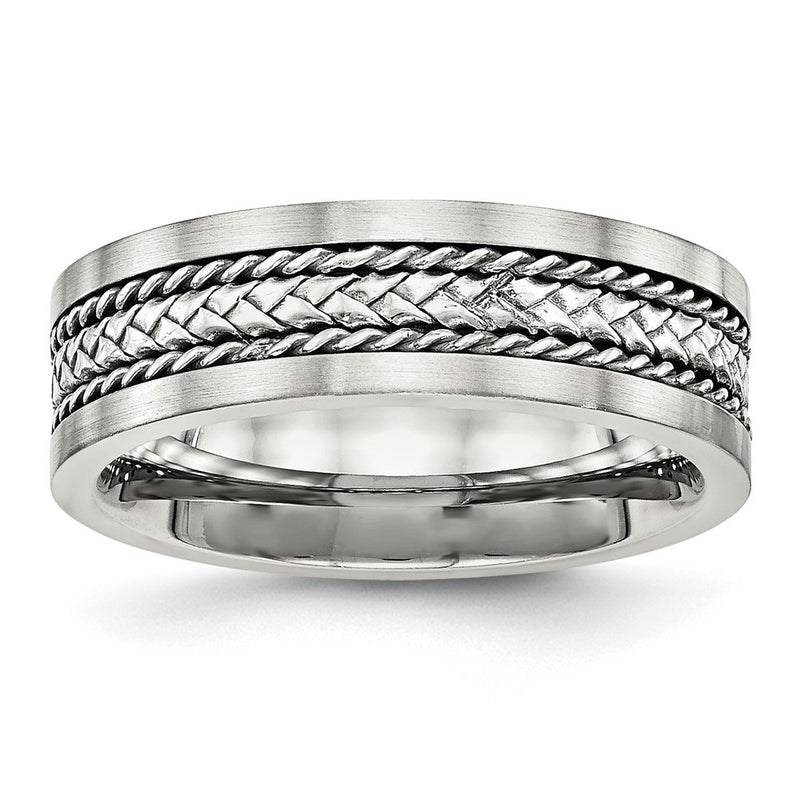 Stainless Steel Sterling Silver Inlay Polished/Brushed Edge 7mm Band