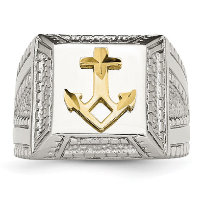 Stainless Steel Polished Sterling Silver Yellow Ip Plated Anchor Ring