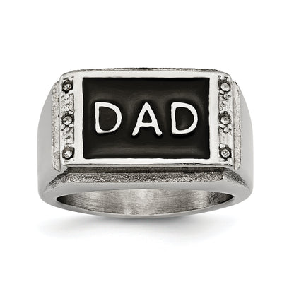 Stainless Steel Polished Black Enameled Dad Cz Ring