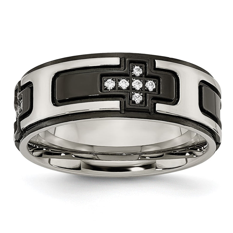 Stainless Steel Polished Black Ip Plated With Cz Cross 8mm Band